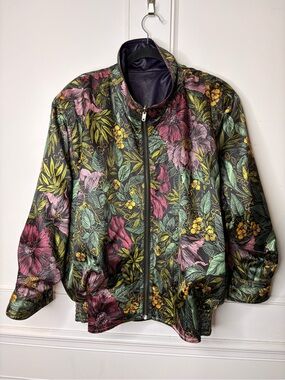 Floral Print Reversible Bomber Jacket in Black with Pink and Green/Deep Purple